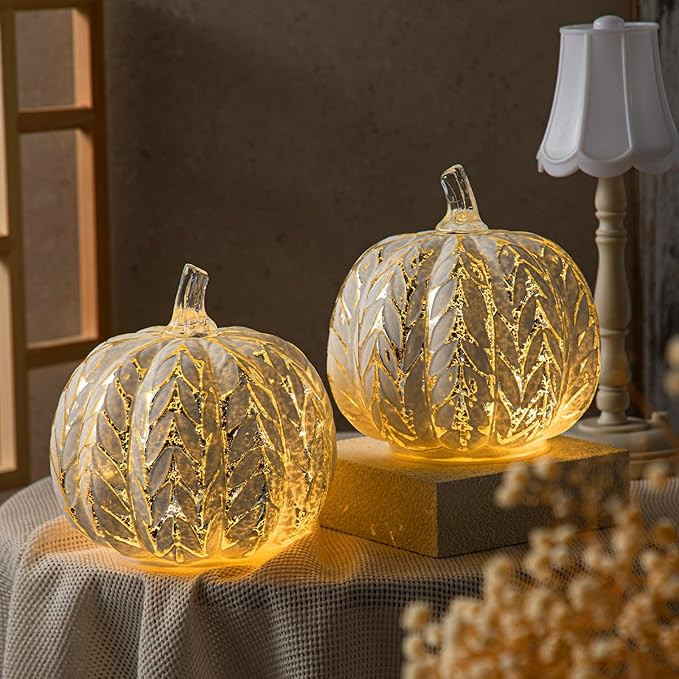 2 Pcs Glass Light up Pumpkin Decor with Timer Fall Table Centerpieces Mercury Glass LED Battery O... | Amazon (US)