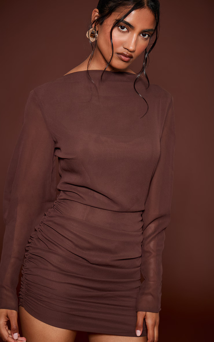Chocolate Woven Boat Neck Long Sleeve Mini Dress | Dresses | PrettyLittleThing US
