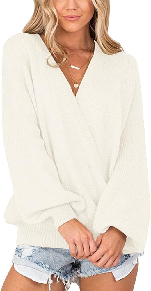 LookbookStore Women's Knit Long Sleeve Faux Wrap Surplice V Neck Sweater Top | Amazon (US)