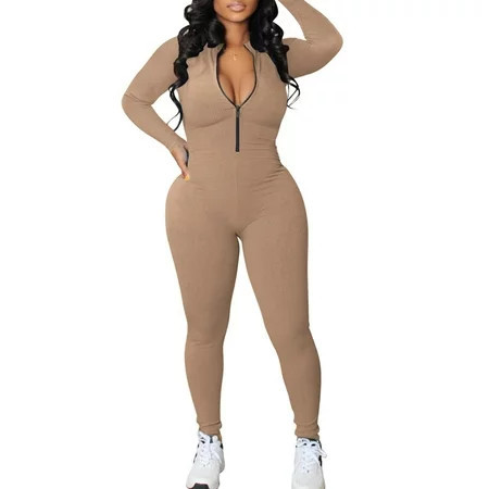 Sunisery Women Yoga Jumpsuit Workout Ribbed Long Sleeve Bodycon Jumpsuit Sport Club Sexy One Piece Outfit Romper S/M/L/XL | Walmart (US)