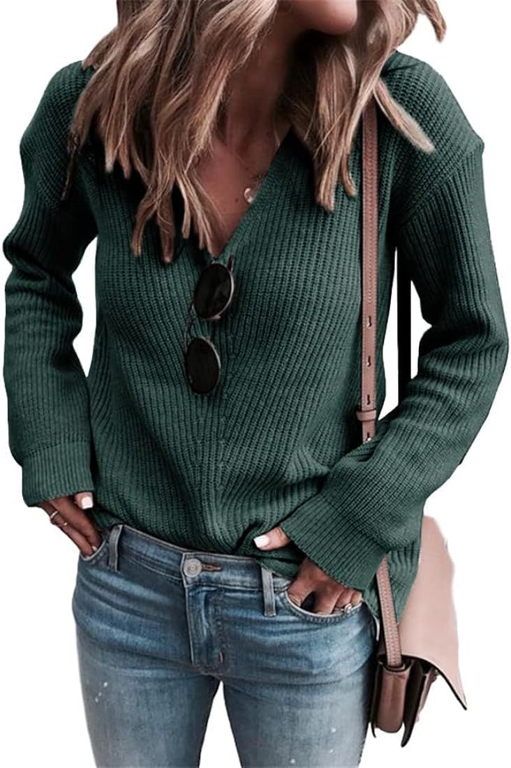 Womens Fall Winter Pullover Sweaters Sexy V Neck Solid Color Cozy Loose Ribbed Knitwear Sweater T... | Amazon (US)