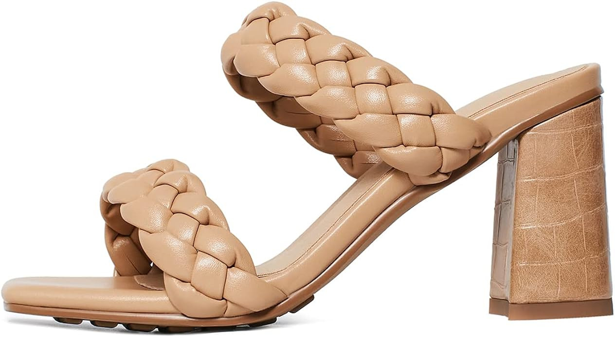 Vertundy Women's Braided Heeled Sandals Square Open Toe Backless Block Double Straps Slip on Leat... | Amazon (US)