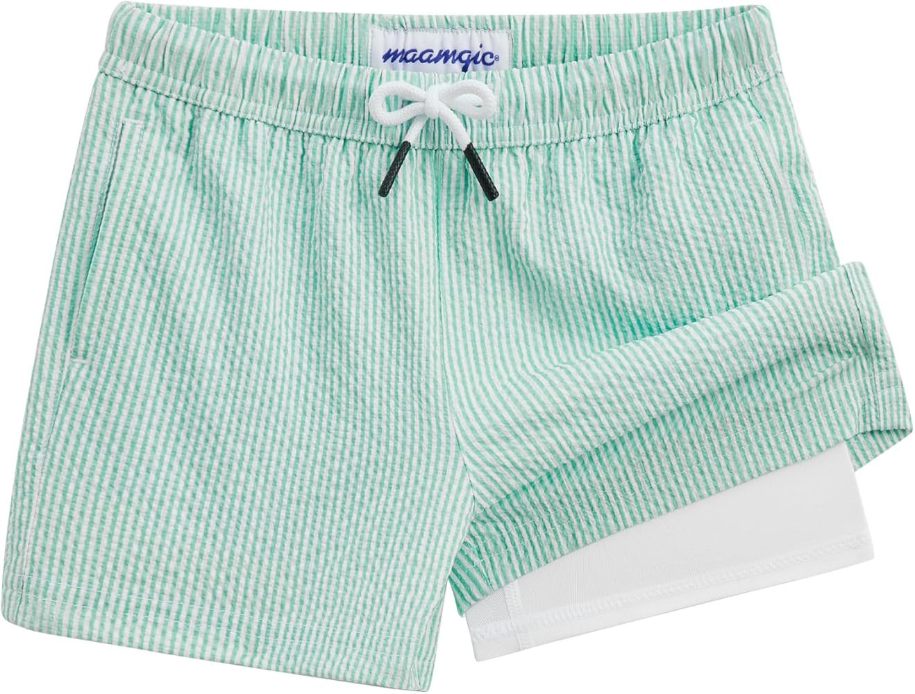 maamgic Boys Swim Trunks with Compression Liner Seersucker Swim Shorts Recycled Toddler Swimsuit | Amazon (US)