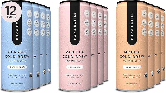 Pop & Bottle, Oat Milk Lattes - Cold Brew, Maca, Antioxidants, Ashwagandha, MCT Oil, Collagen, Or... | Amazon (US)