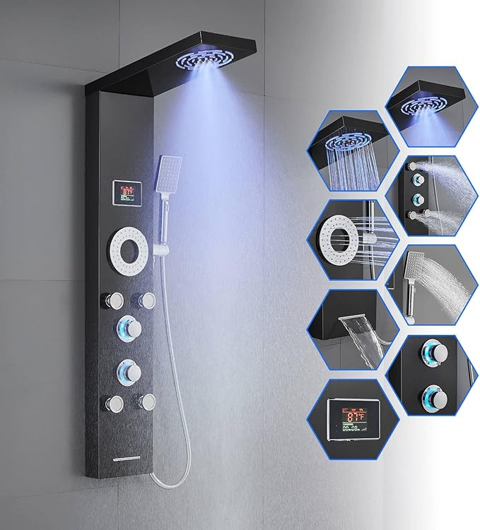 ROVOGO No Battery Needed Shower Panel System with Led Lights, MIST & RAIN Shower, 5 Body Jets, Ha... | Amazon (US)