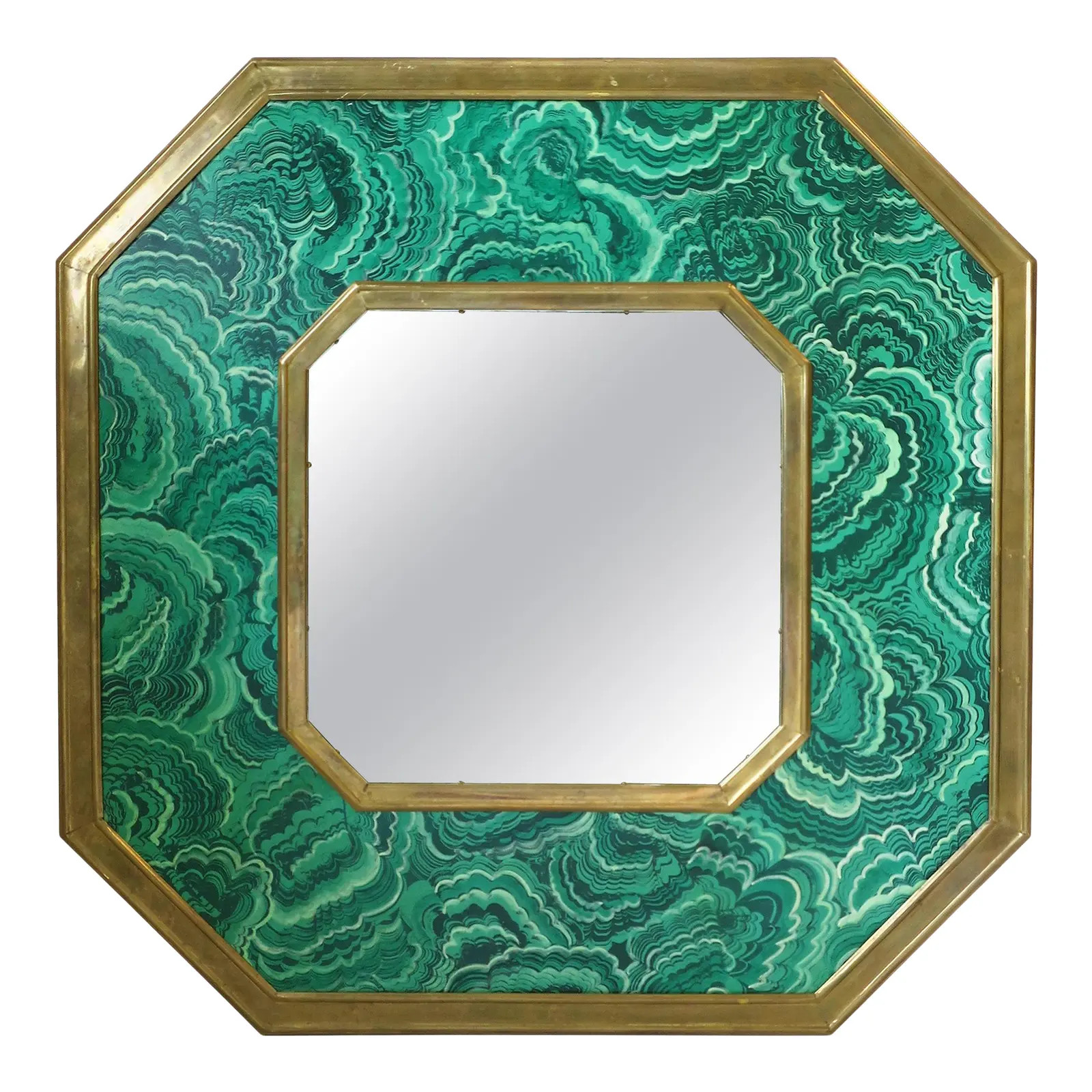 Italian Designer Brass Mirror with Green Malachite Resin Design | Chairish