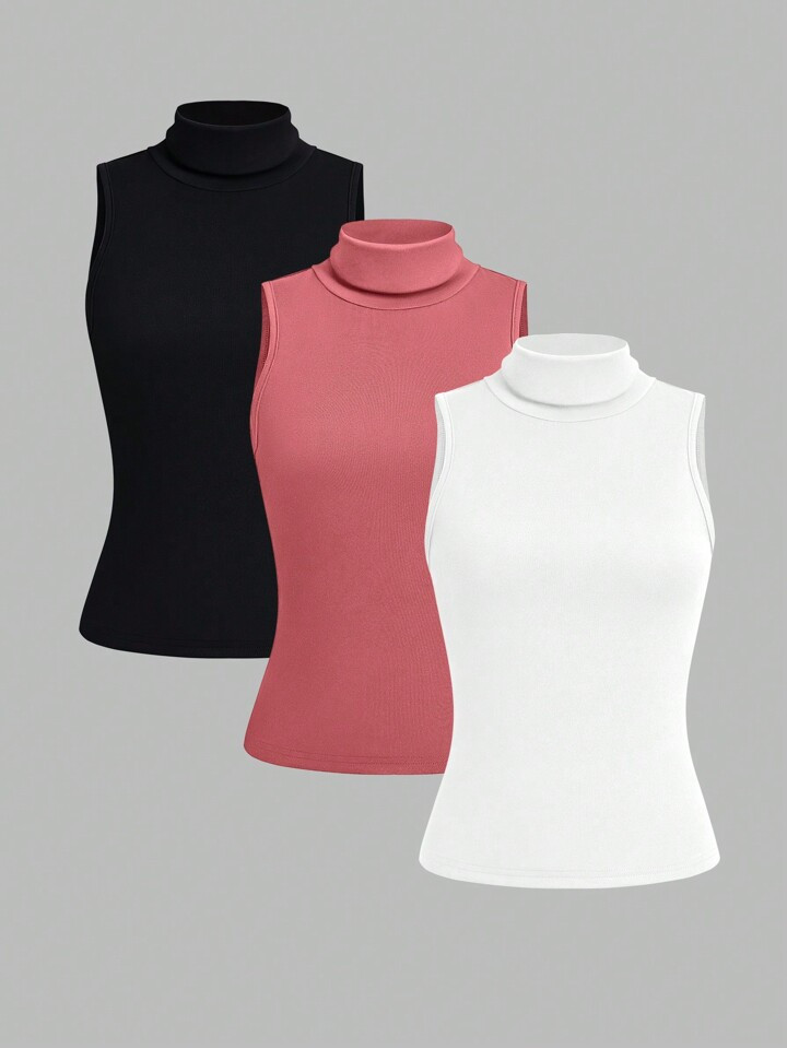 SHEIN EZwear Women's Solid Color High Neck Tank Top 3pcs/Set | SHEIN