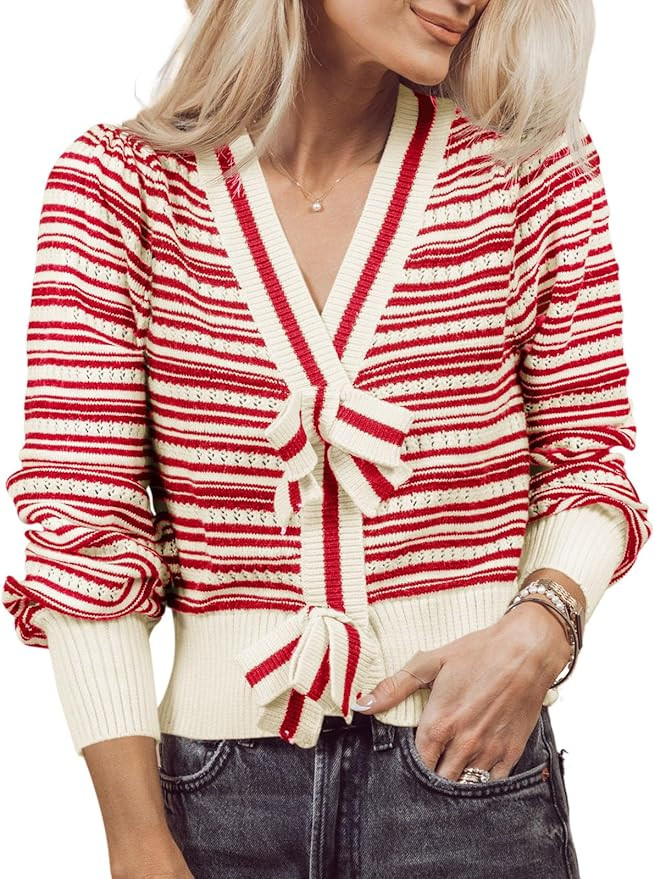 Saodimallsu Womens Striped Cropped Sweaters V Neck Cute Bow Tie Puff Sleeve Loose Knit Trendy Pul... | Amazon (US)
