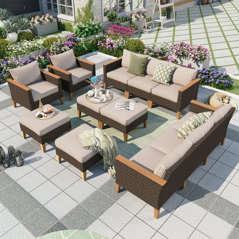 MF Studio 12 Piece Outdoor Patio Conversation Set Outdoor Furniture Sectional Wicker Sofa Set wit... | Walmart (US)