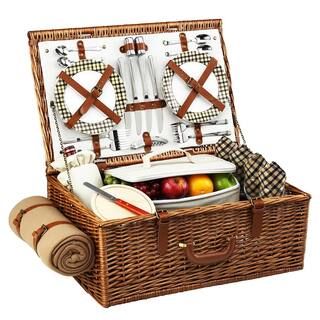 Dorset English in Style Willow Picnic Basket with Service for 4 and Blanket in London Plaid | The Home Depot