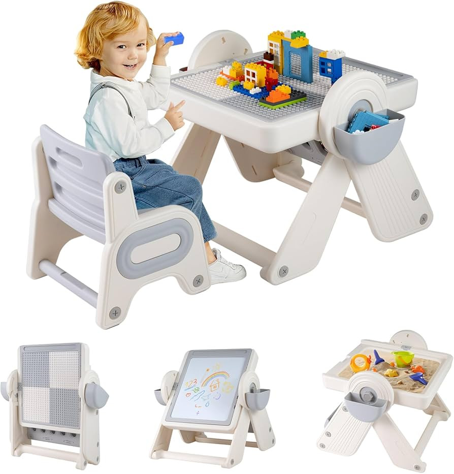 Costzon 6-in-1 Kids Table and Chair, Folding Height-Adjustable Art Easel w/Reversible Building Bl... | Amazon (US)