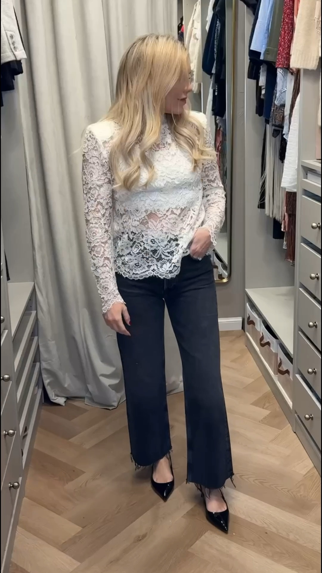 Lace top
Black jeans 
Wide leg cropped jeans 
Kitten heel 
Spring Outfit 

#LTKSeasonal #LTKgrwm #LTKootd