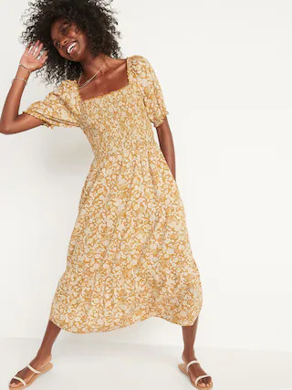 Fit & Flare Puff-Sleeve Tiered Floral Midi Dress For Women | Old Navy (US)