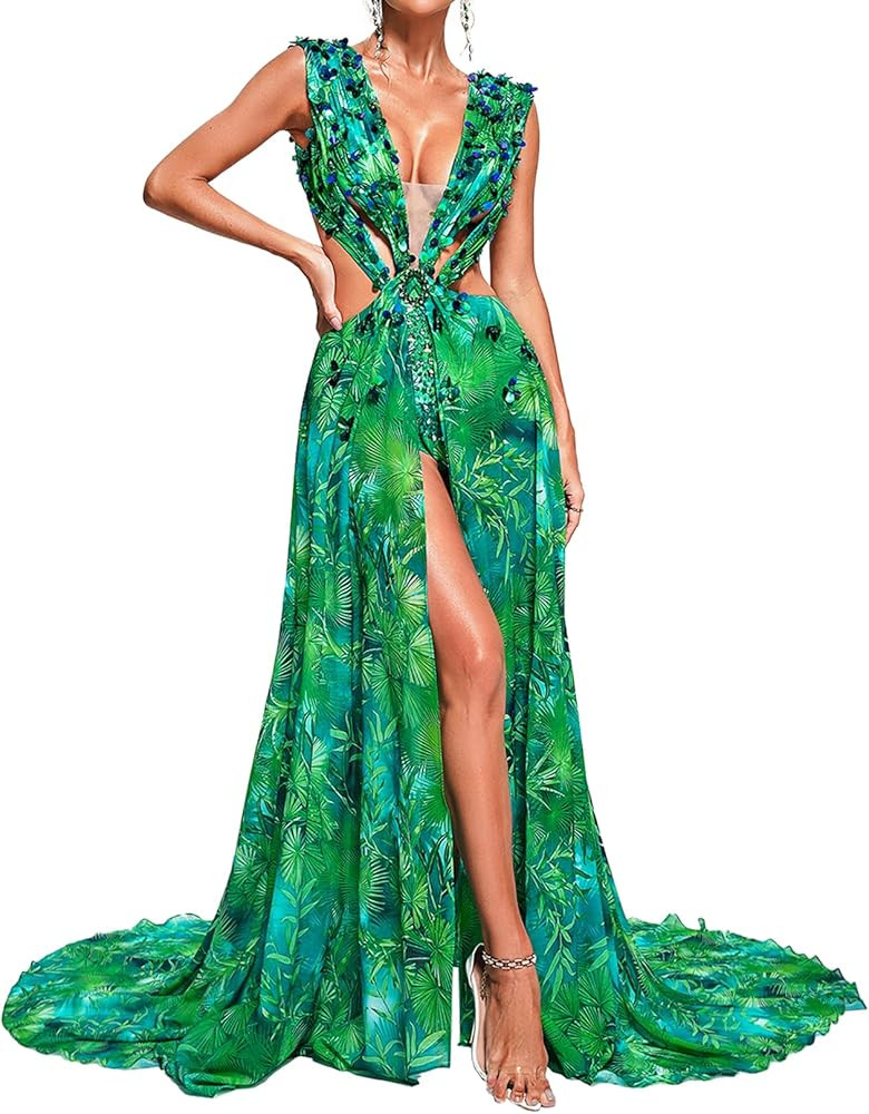 Red Maxi Beach Squin Printed Floral Dress for Women Summer Chiffon Cut Out Backless Deep V Neck V... | Amazon (US)