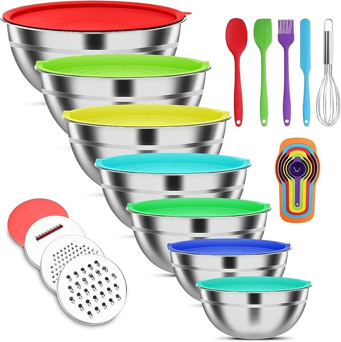 Mixing Bowls with Lids Set, 7 PCS Stainless Steel Mixing Bowls with 3 Grater Attachments, Size 4.... | Amazon (US)