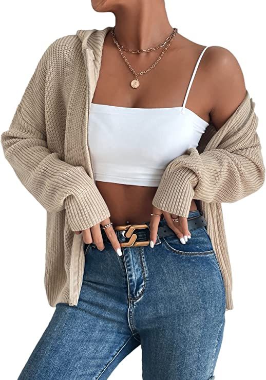 SheIn Women's Casual Long Sleeve Hooded Cardigan Zip Up Ribbed Knit Coats Outwear | Amazon (US)