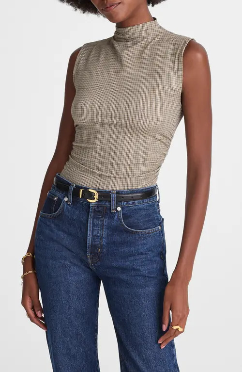 Madewell Houndstooth Ruched Mock Neck Sleeveless Top in Micro Houndstooth Coffee at Nordstrom, Size Large | Nordstrom