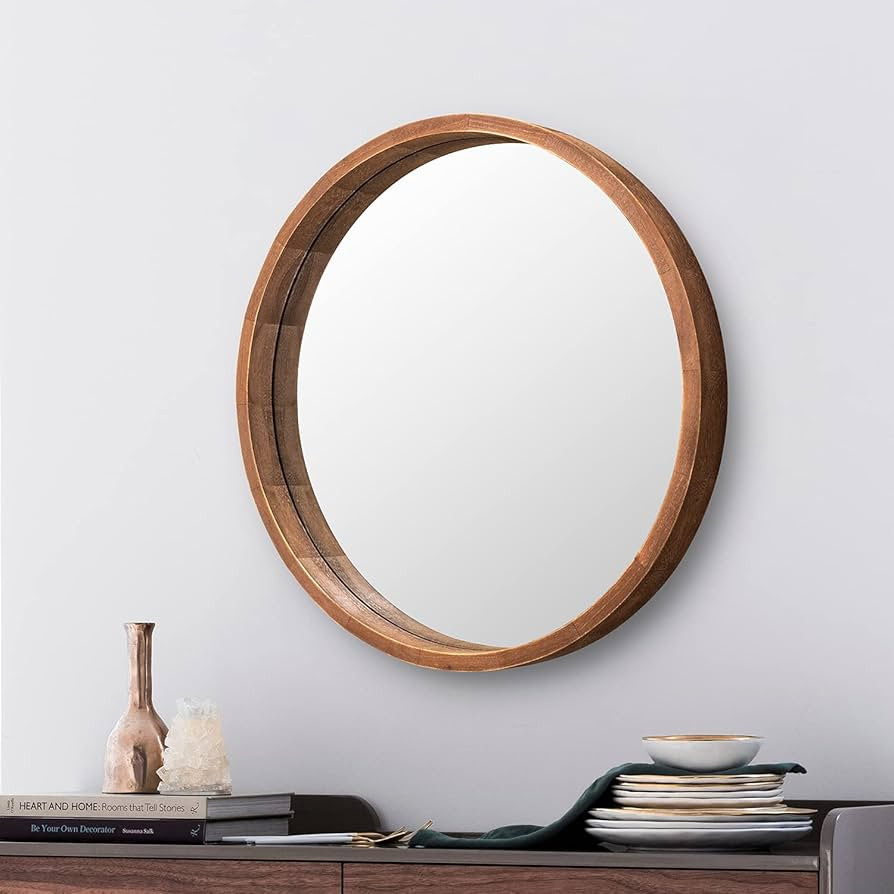 SIERSOE Round Wood Mirror 24 Inch, Wall Framed Bathroom Mirror for Vanity Farmhouse Rustic Mirror | Amazon (US)