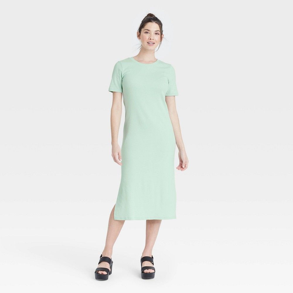 Women's Short Sleeve Rib Knit T-Shirt Dress - A New Day Mint M, Green | Target