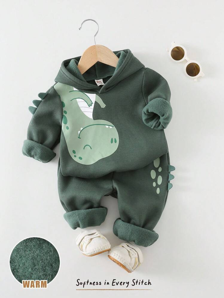 Cozy Pixies 2pcs Baby Boy Cartoon Dinosaur Print Hooded Long Sleeve Sweatshirt And Elastic Waist ... | SHEIN