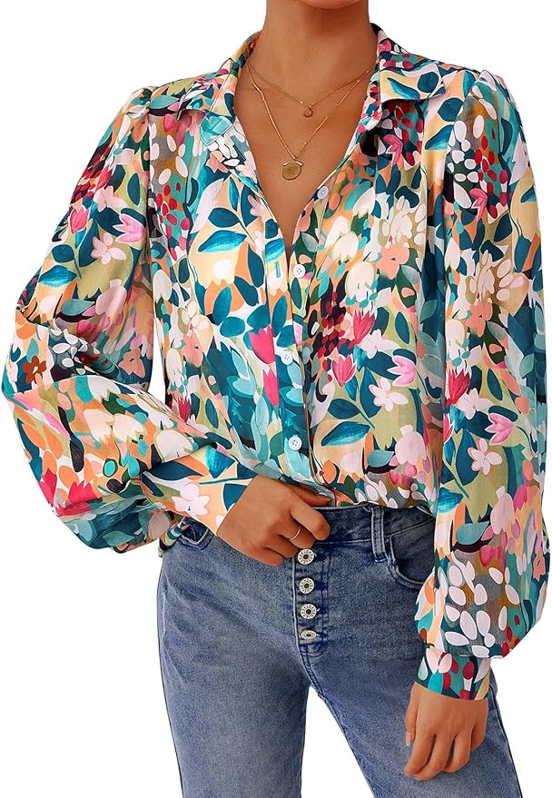 PRETTYGARDEN Women's Floral Blouses Dressy Casual V Neck Button Down Shirts Lantern Long Sleeve B... | Amazon (US)