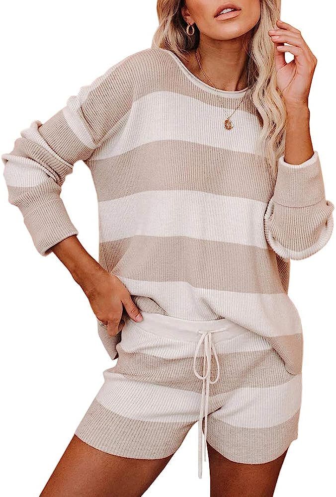 Womens Two Piece Outfits Long Sleeve Crow Neck Color Block Sweatershirts and Tie Waisted Short Pa... | Amazon (US)