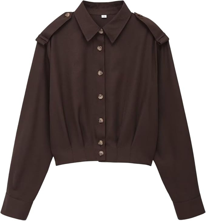 Chevara Women’s Cropped Pleated Shirt Long Sleeve Lapel Collar Button Up Business Blouse Shirts | Amazon (US)
