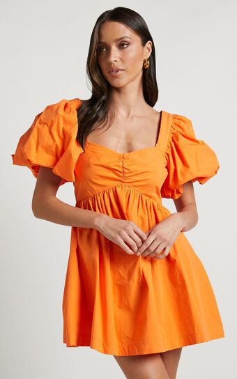 Vashti Mini Dress - Puff Sleeve Sweetheart Dress in Orange | Showpo (US, UK & Europe)