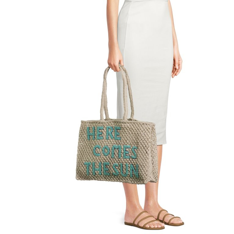 No Boundaries Women's Woven Beach Tote Bag, Natural Sun - Walmart.com | Walmart (US)