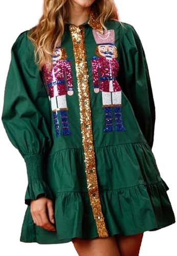 Christmas Nutcracker Dress for Women Sequin Sweatshirt Dress Long Puff Sleeve Button Down Mini Sh... | Amazon (US)