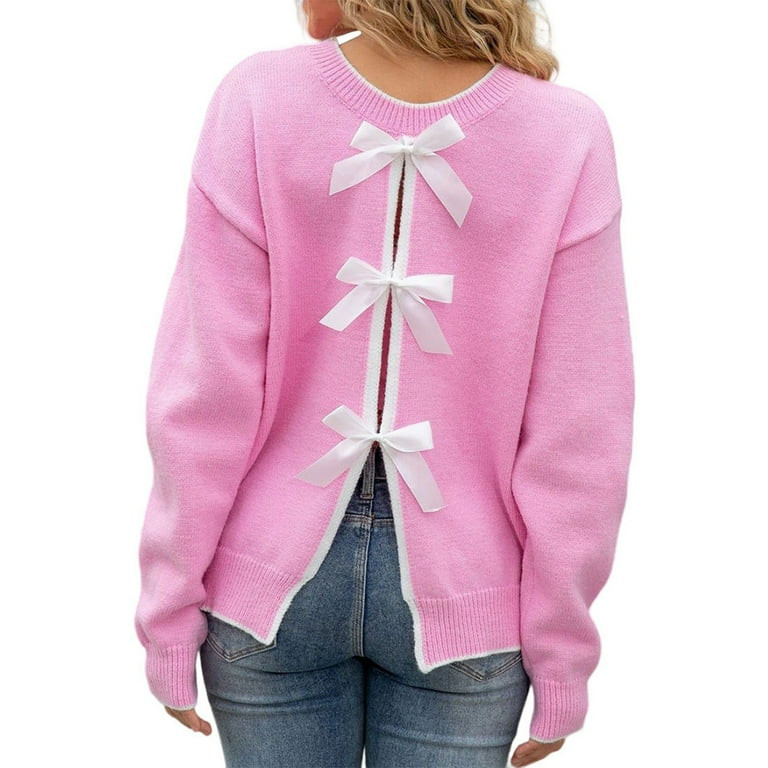 HJYCHN Women's Bow Tied Back Knit Sweater with Bow Back Sweaters for Women for Fashion Pink L - W... | Walmart (US)