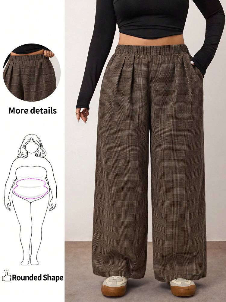 Enliva Plus Size Casual Vintage Pleated Plaid Pants, Graduation, Back To School, Teacher Pants, Compatible With Apple Rounded Body Shape/2026 /New Year | SHEIN