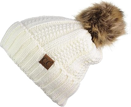 C.C Thick Cable Knit Faux Fuzzy Fur Pom Fleece Lined Skull Cap Cuff Beanie | Amazon (US)