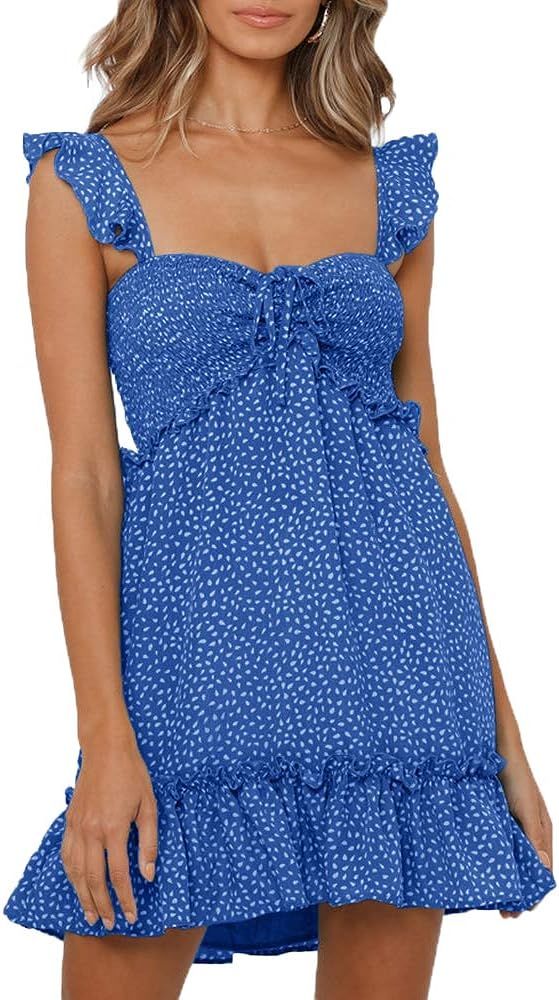 Yobecho Womens Summer Ruffle Sleeve Sweetheart Neckline Printing Dress Mini Dress | Amazon (US)