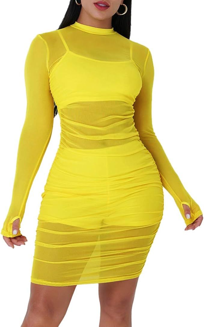 Women's Sexy Mesh See Through Dresses Long Sleeve Midi Bodycon Party Club Dress 3 Piece Outfits w... | Amazon (US)
