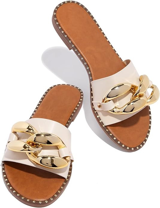 Women's Flat Heels Open Toe Backless Slippers Metallic Chains Slip On Summer Indoor Outdoor Slide... | Amazon (US)