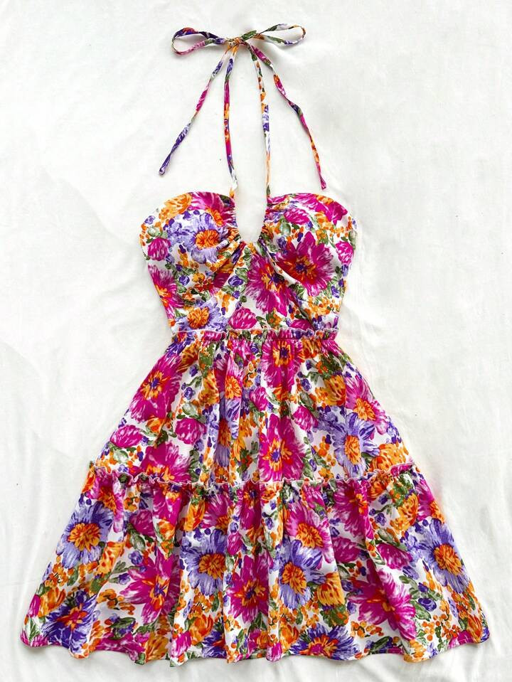 Soleia Casual Vacation Romantic Floral A-Line Halter Neck Tie Up Mini Dress | SHEIN
