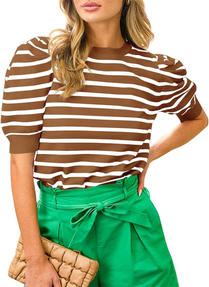 Langwyqu Womens Striped Sweaters Puff Short Sleeve Tops Crew Neck 2024 Spring Summer Trendy Casua... | Amazon (US)