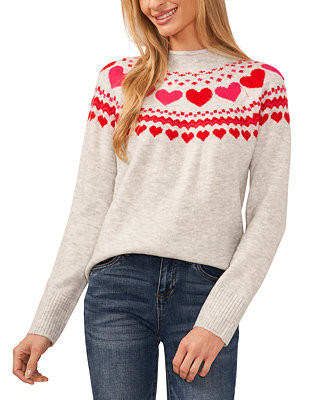 CeCe Women's Valentine Heart Fair Isle Mock Neck Long-Sleeve Sweater - Macy's | Macy's