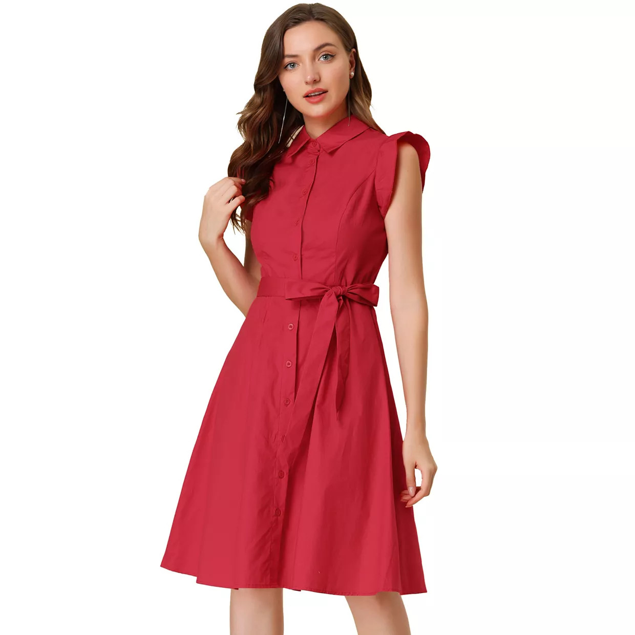 Women's Work Ruffled Sleeve Button Down Belted Knee Length Shirt Dress | Kohl's