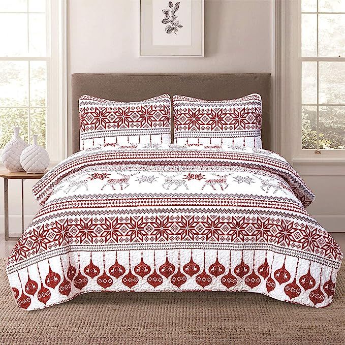 Winter Holiday King Quilt Bedding Set Red Grey Christmas Ornament Reindeer | Amazon (US)