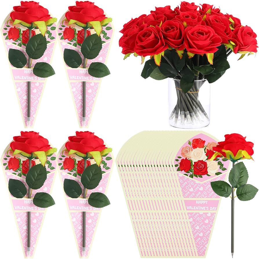 24 Set Valentine's Day Flower Rose Pens with Gift Cards Black Ink Ballpoint Pens Valentine's Day ... | Amazon (US)