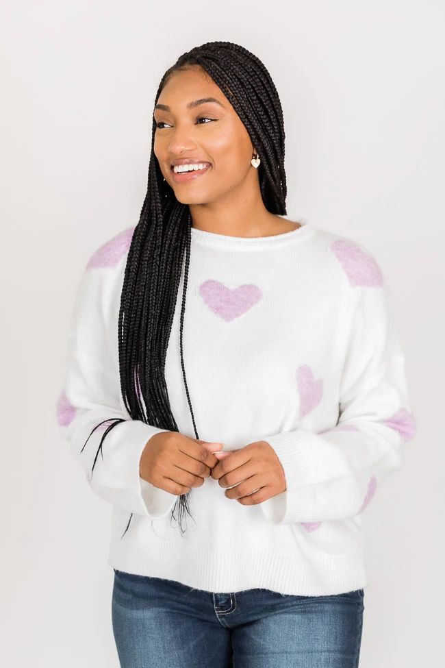 Good As You Ivory And Purple Printed Heart Sweater | Pink Lily