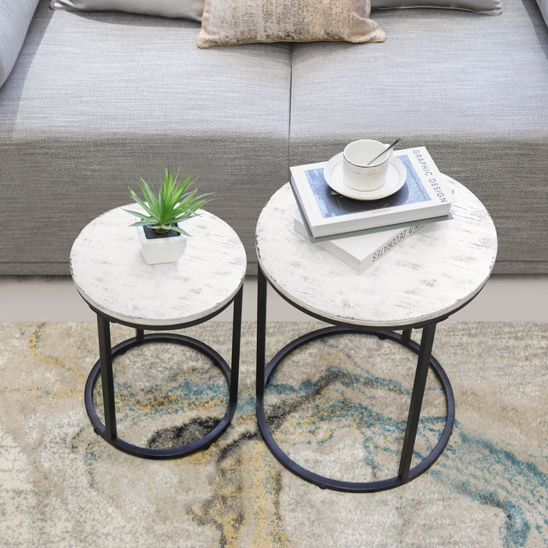 Hawoo Home Round Nesting Tables Wood Farmhouse End Tables for Living Room Set of 2 , White | Walmart (US)