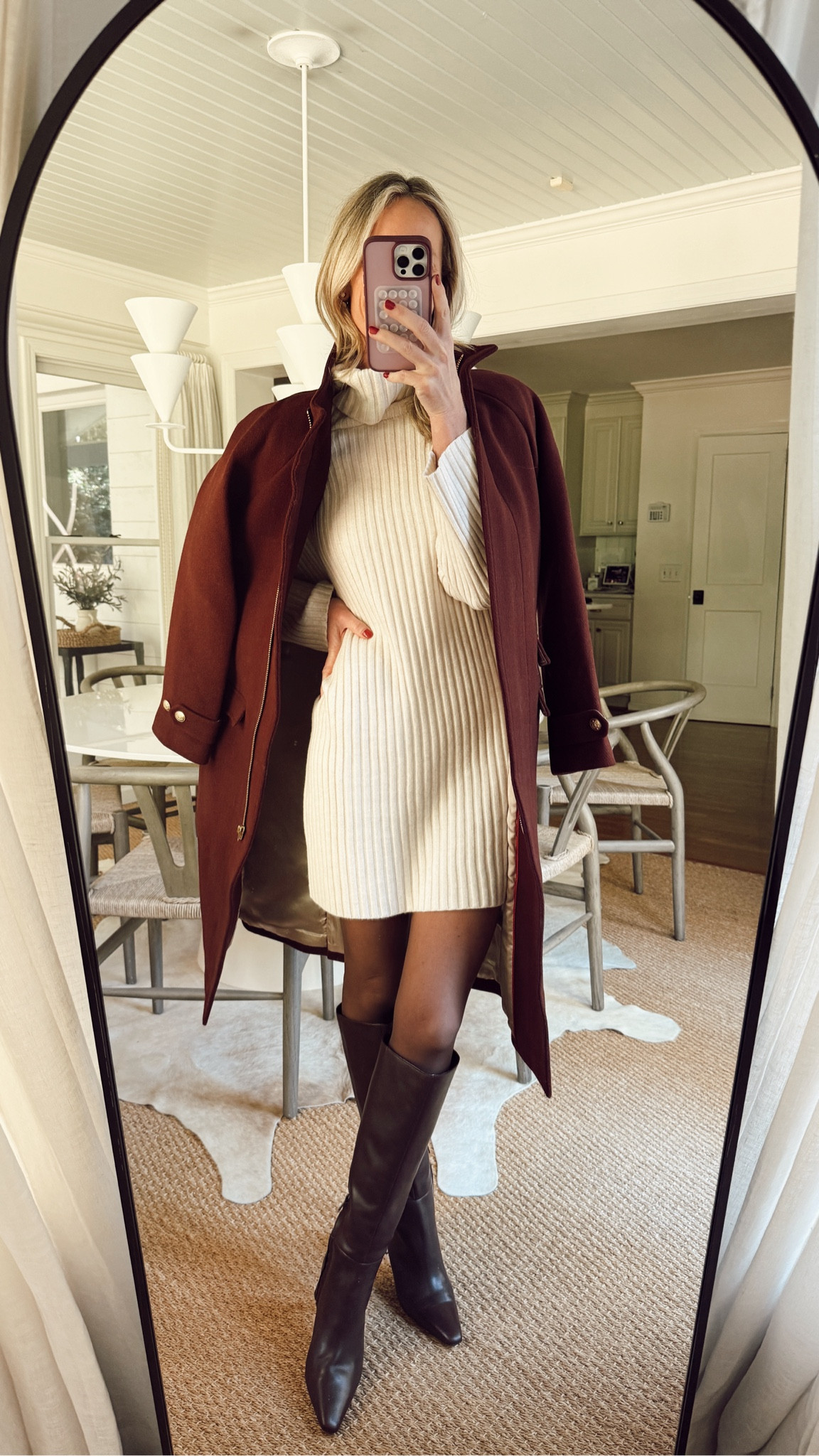 My most worn Target dress this season! Works great for now and into the holidays. Also available in chocolate brown! 

Size M ( I sized up for a little slouch and length! ) I am 5’7. 

Size 4 coat. Tights are the PERFECT brown color!!!! Found them. 