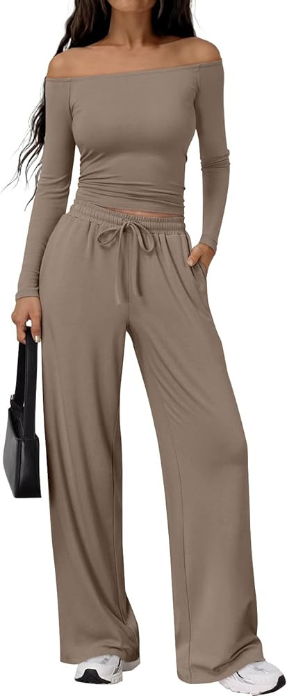 Trendy Queen 2 Piece Off Shoulder Set Womens Wide Leg Pants Side Ruching Slightly Crop Top Sets | Amazon (US)
