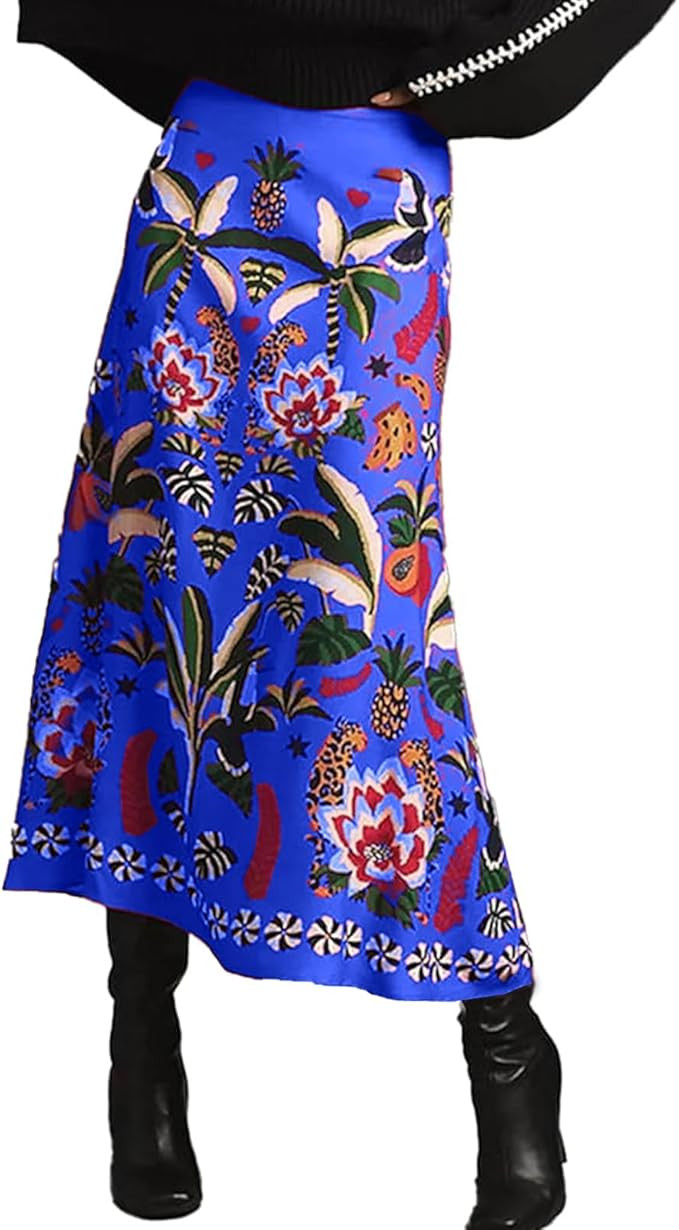 Womens Midi Skirt Tropical Floral Print Plant Fun Elastic Waist Spring Summer Flowy A Line Long S... | Amazon (US)