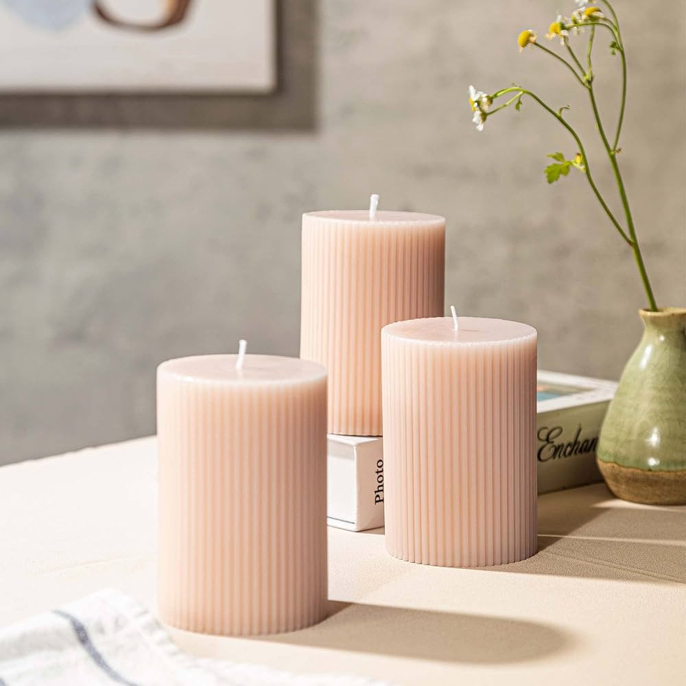 Ribbed Pillar Candles 2.75x4'' Pink Unscented Modern Home Décor Handmade (3 Packs, Whisper Pink) | Amazon (US)