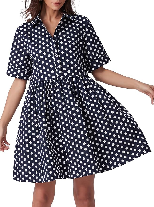 Ladyful Polka Dot Dress for Women 2026 Summer Short Sleeve Shirt Mini Dress Collared V Neck Casua... | Amazon (US)