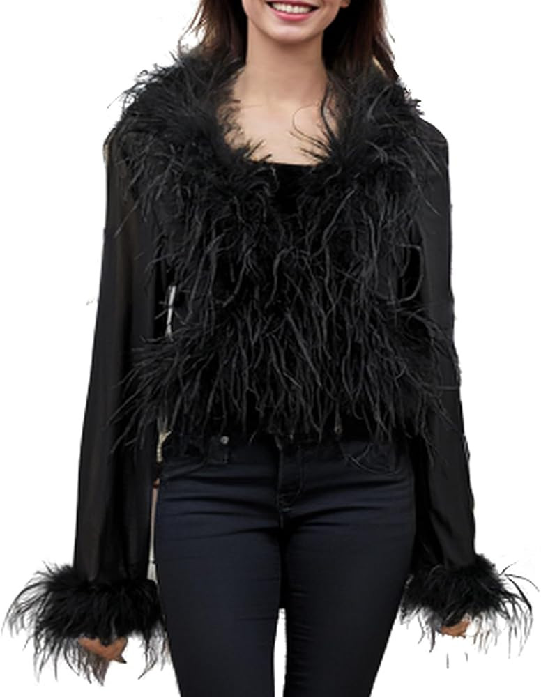 LVCOMEFF Real Ostrich Feather Trim Mesh Crop Top See-Through Black Sheer Shirt Jacket Clubwear Y2... | Amazon (US)